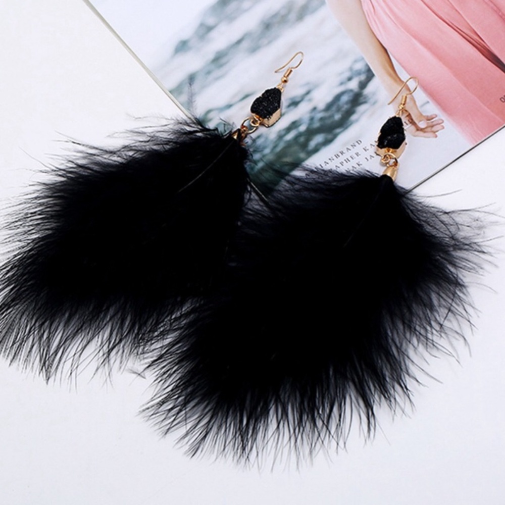 Druzy Stone Long Black Feather Earrings - Picture 2 of 3